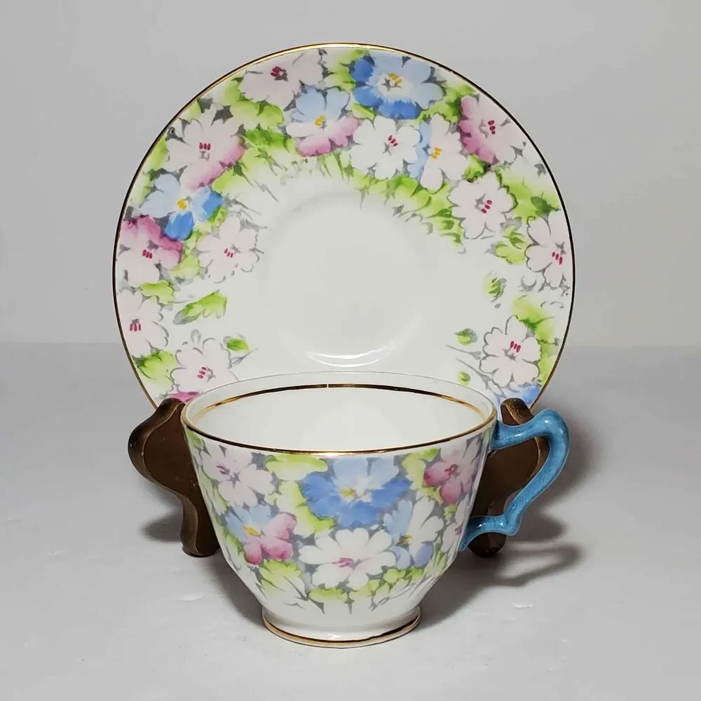 Crown Staffordshire Teacup and Saucer Pink Blue Flowers